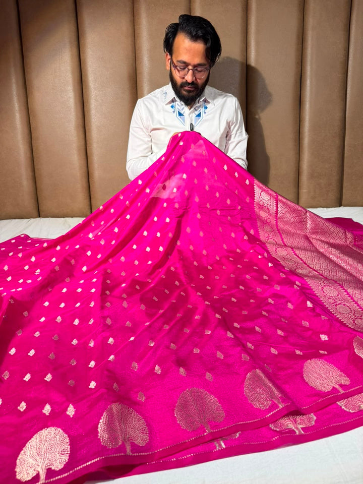 Rani Pink Traditional Chinia Silk Banarasi Saree