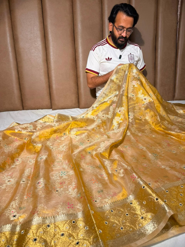 Meenakari Jaal Copper Tissue Silk Mirror Work Saree