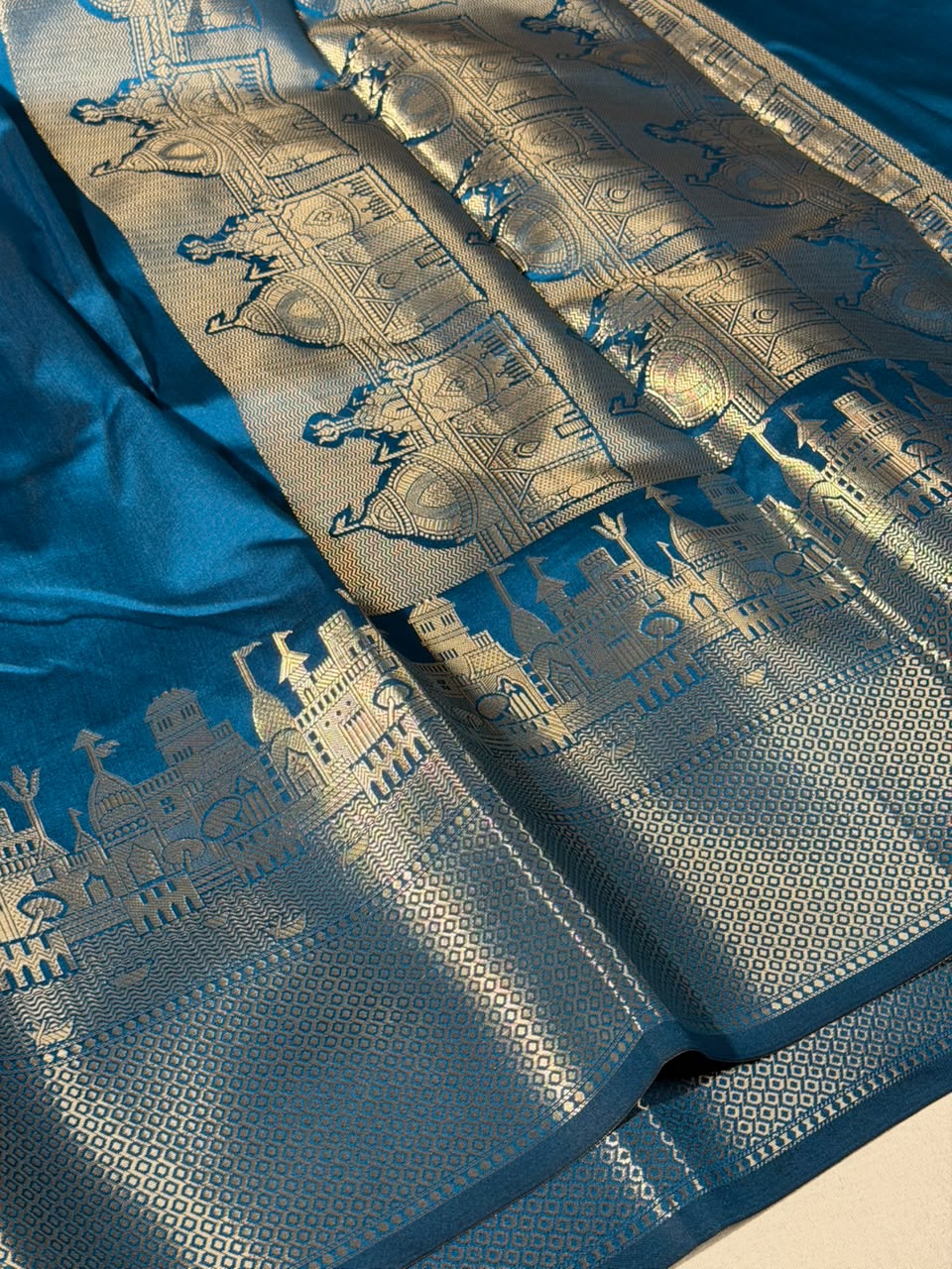 Light Blue Ghats Border Softsilk Banarasi Saree