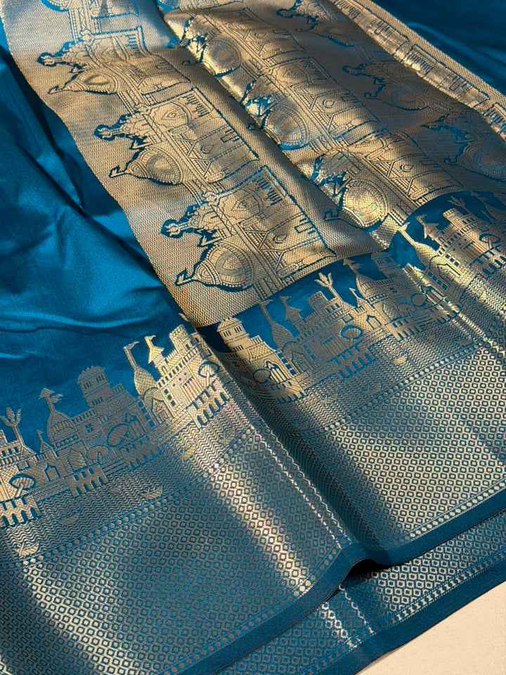 Light Blue Ghats Border Softsilk Banarasi Saree