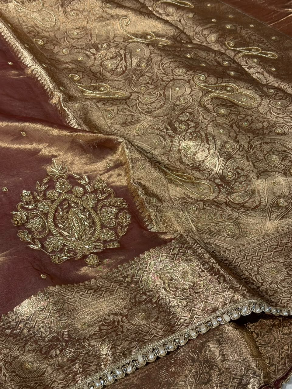 Coffee Brown Pure Tissue Silk Intricate Handwork Saree