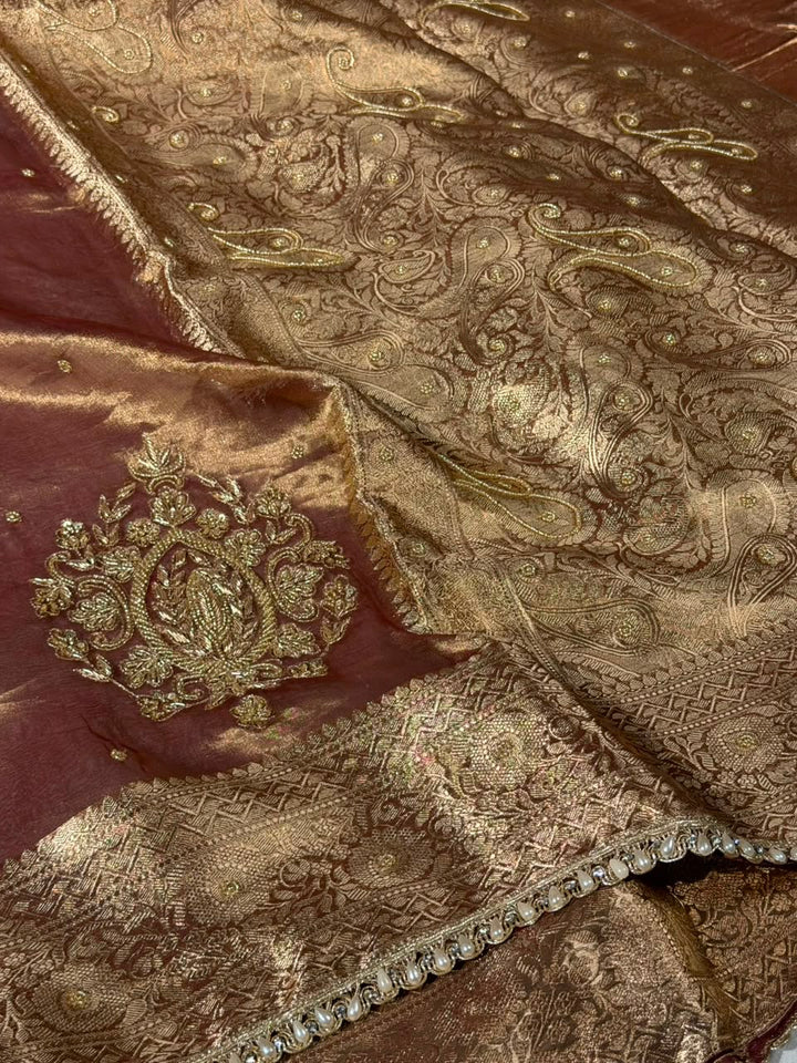 Coffee Brown Pure Tissue Silk Intricate Handwork Saree