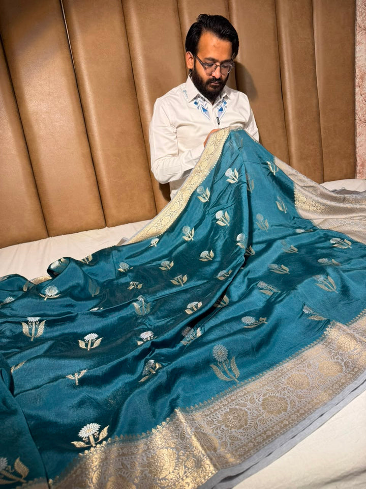 Powder Blue Premium Georgette Silk Banarasi Saree