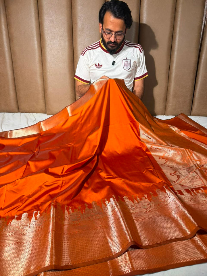 Rusted Orange Ghats Border Softsilk Banarasi Saree