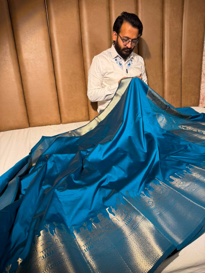 Light Blue Ghats Border Softsilk Banarasi Saree