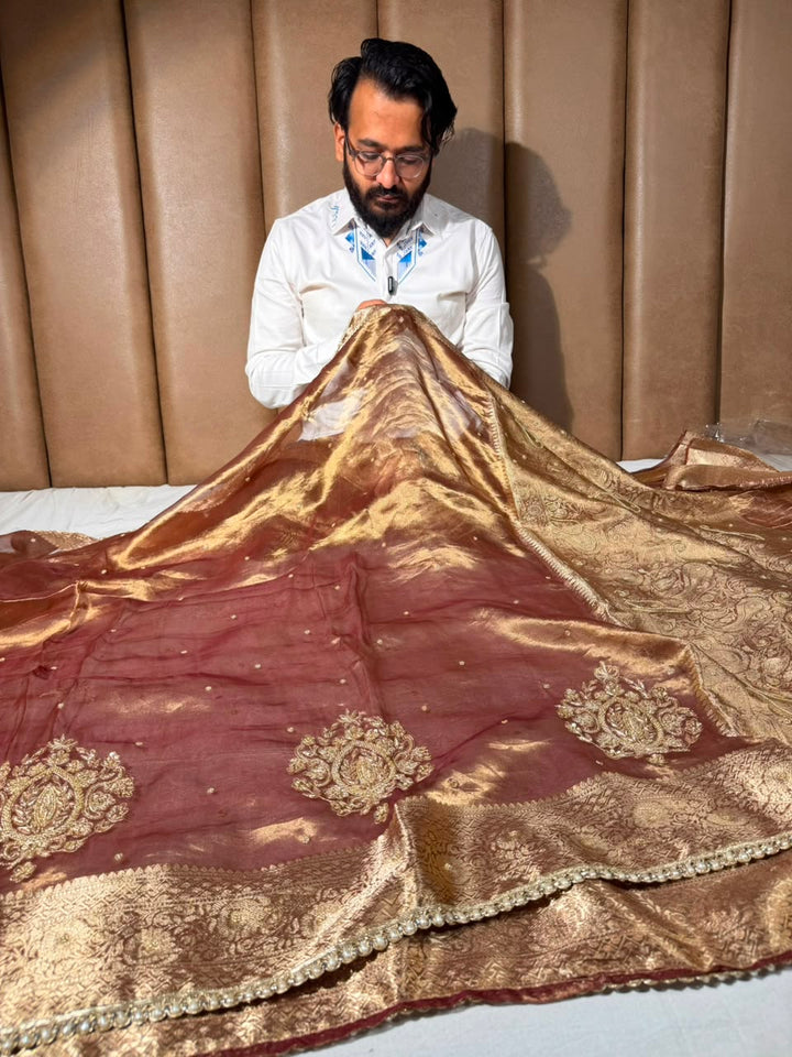Coffee Brown Pure Tissue Silk Intricate Handwork Saree
