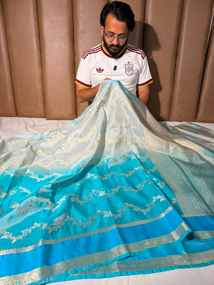 Ombré Blue Breathable Tissue Silk Banarasi Saree