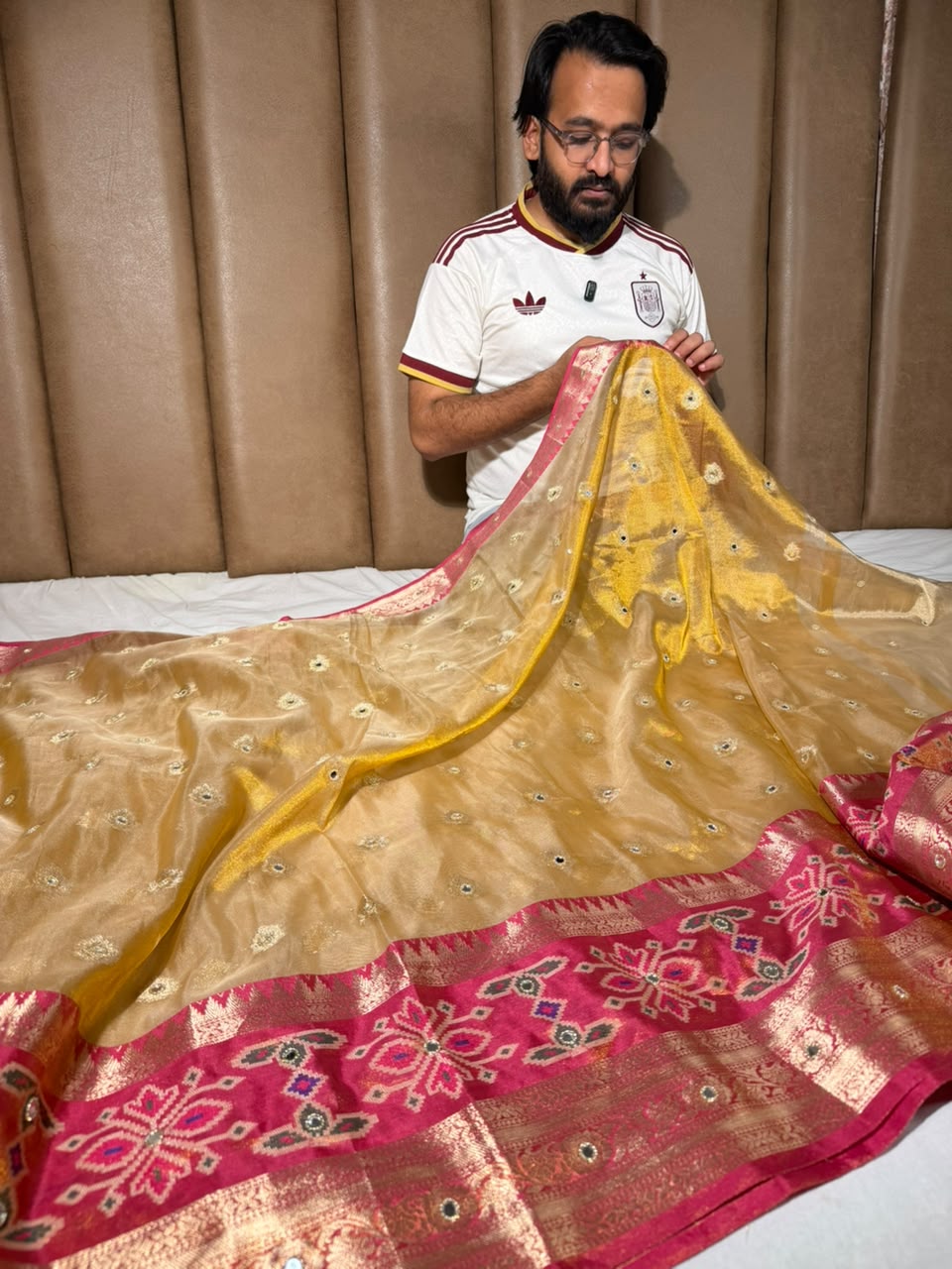 Ikkat Border Copper Tissue Silk Mirror Work Saree