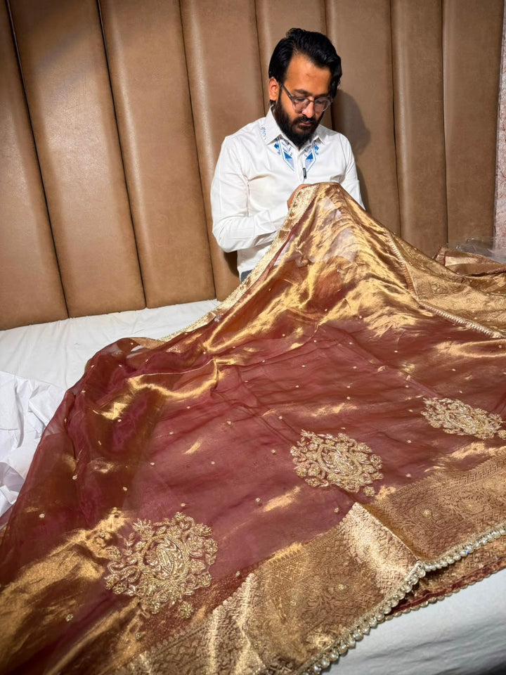 Coffee Brown Pure Tissue Silk Intricate Handwork Saree