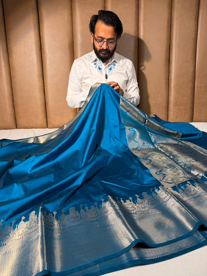 Light Blue Ghats Border Softsilk Banarasi Saree