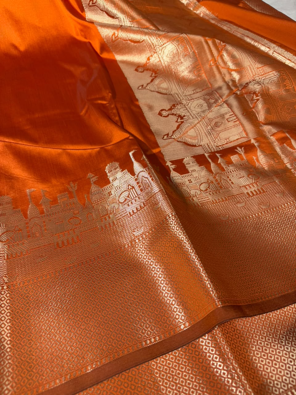 Rusted Orange Ghats Border Softsilk Banarasi Saree