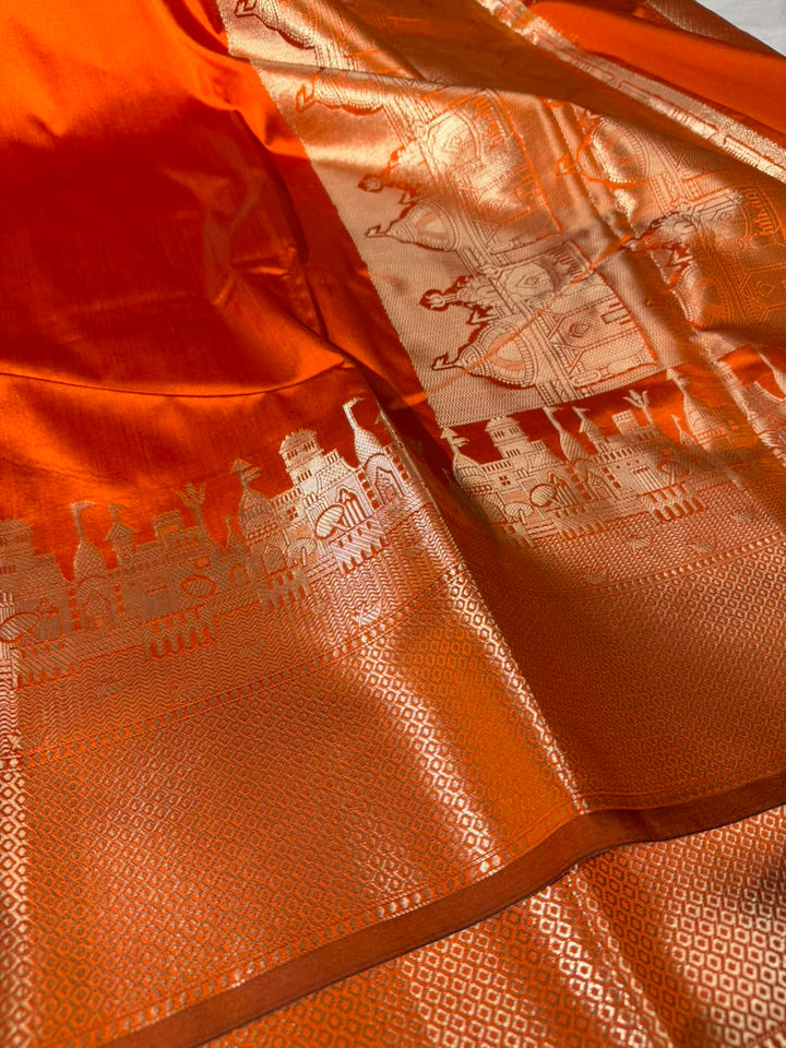 Rusted Orange Ghats Border Softsilk Banarasi Saree