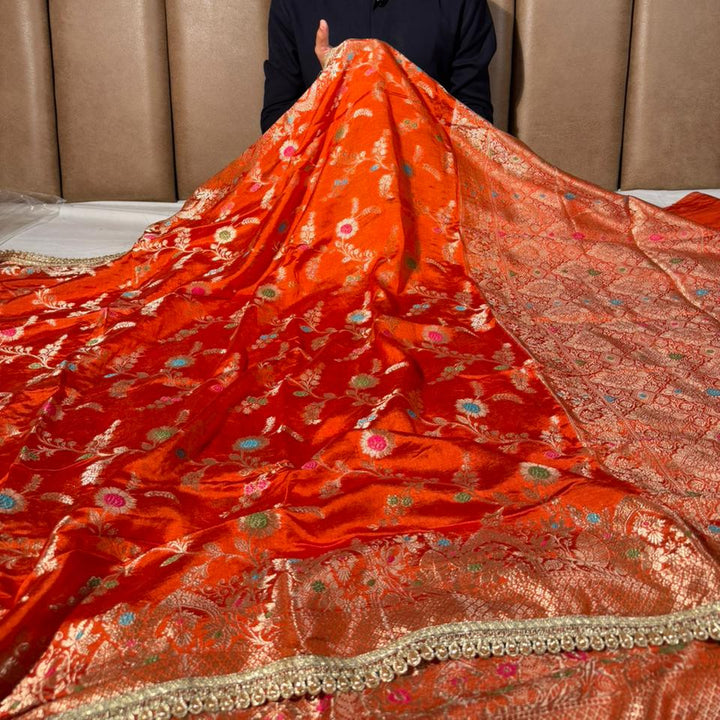 Bright Orange Premium Dipping Silk Lace Work Saree