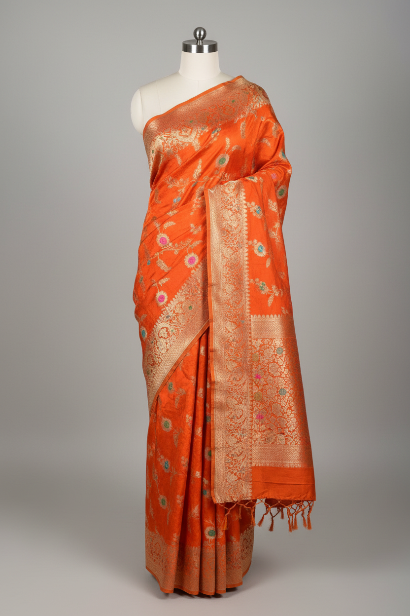 Bright Orange Premium Dipping Silk Lace Work Saree