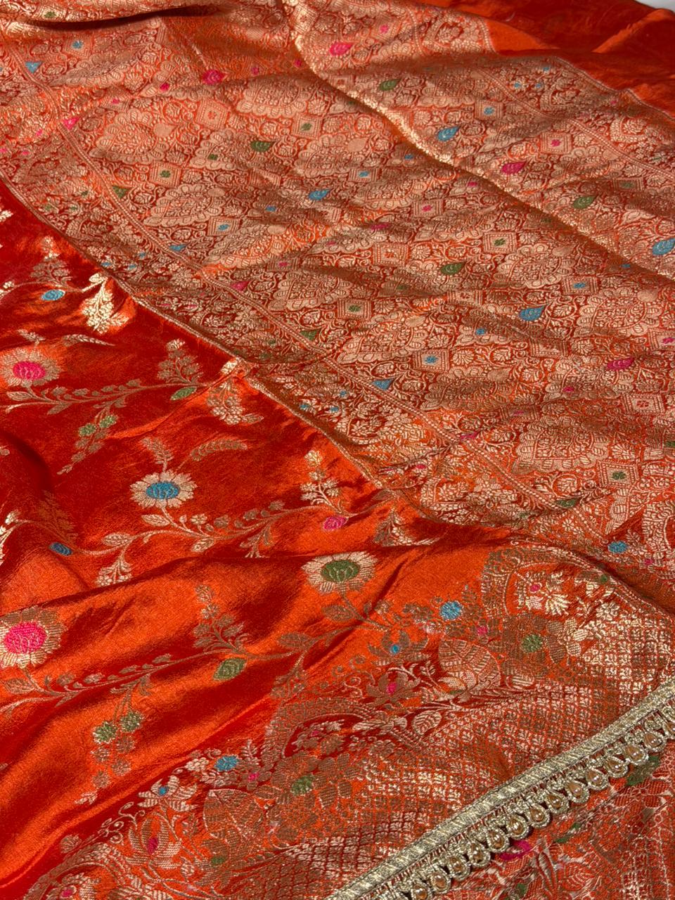 Bright Orange Premium Dipping Silk Lace Work Saree