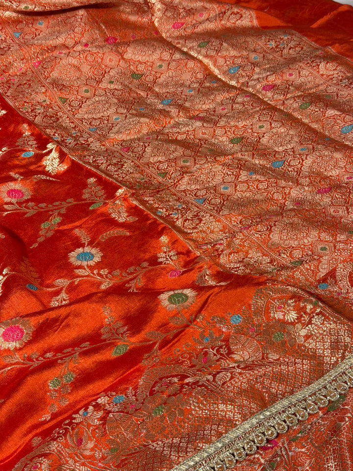 Bright Orange Premium Dipping Silk Lace Work Saree