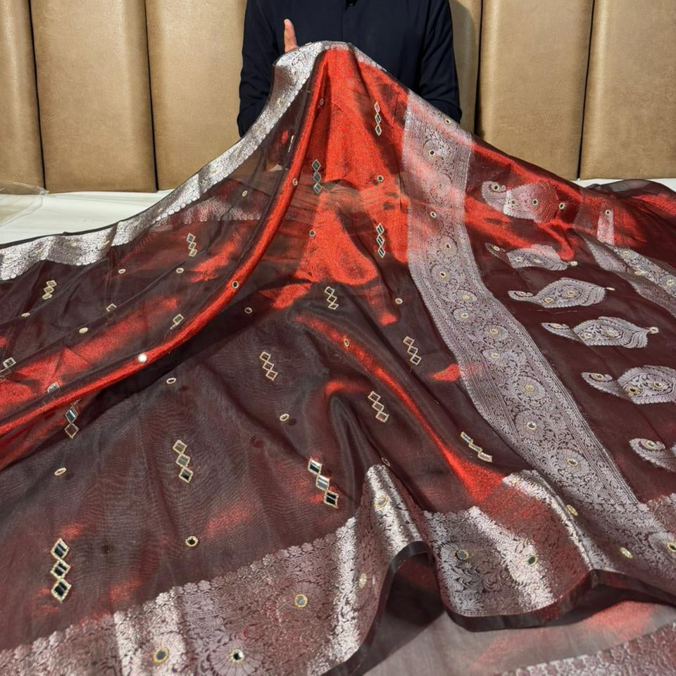 Light Maroon Kora Tissue Silk Mirror Work Saree