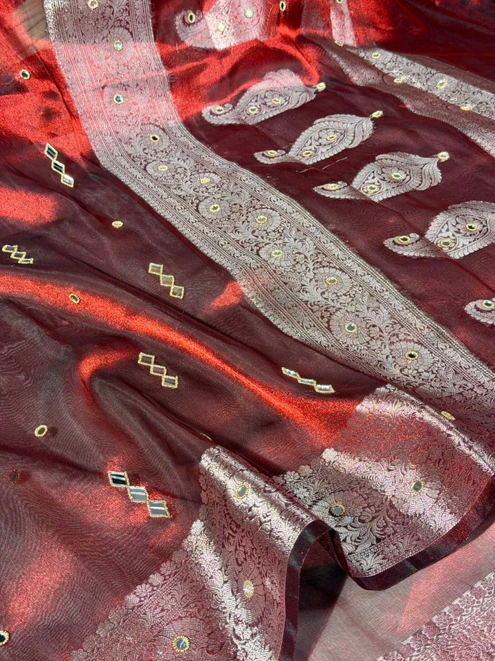Light Maroon Kora Tissue Silk Mirror Work Saree