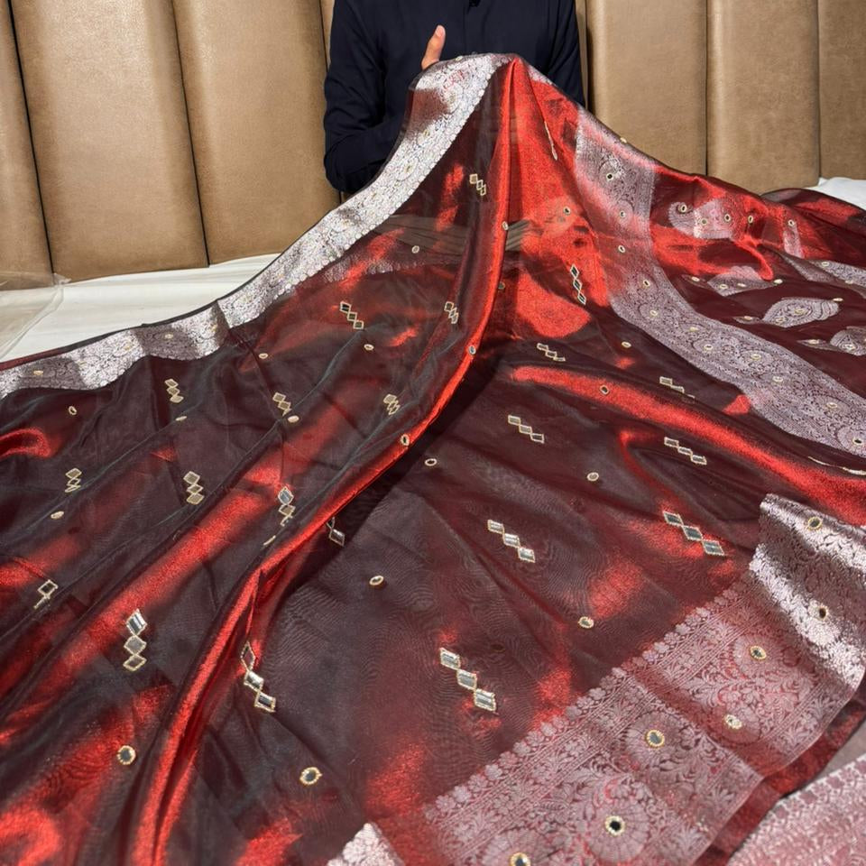 Light Maroon Kora Tissue Silk Mirror Work Saree