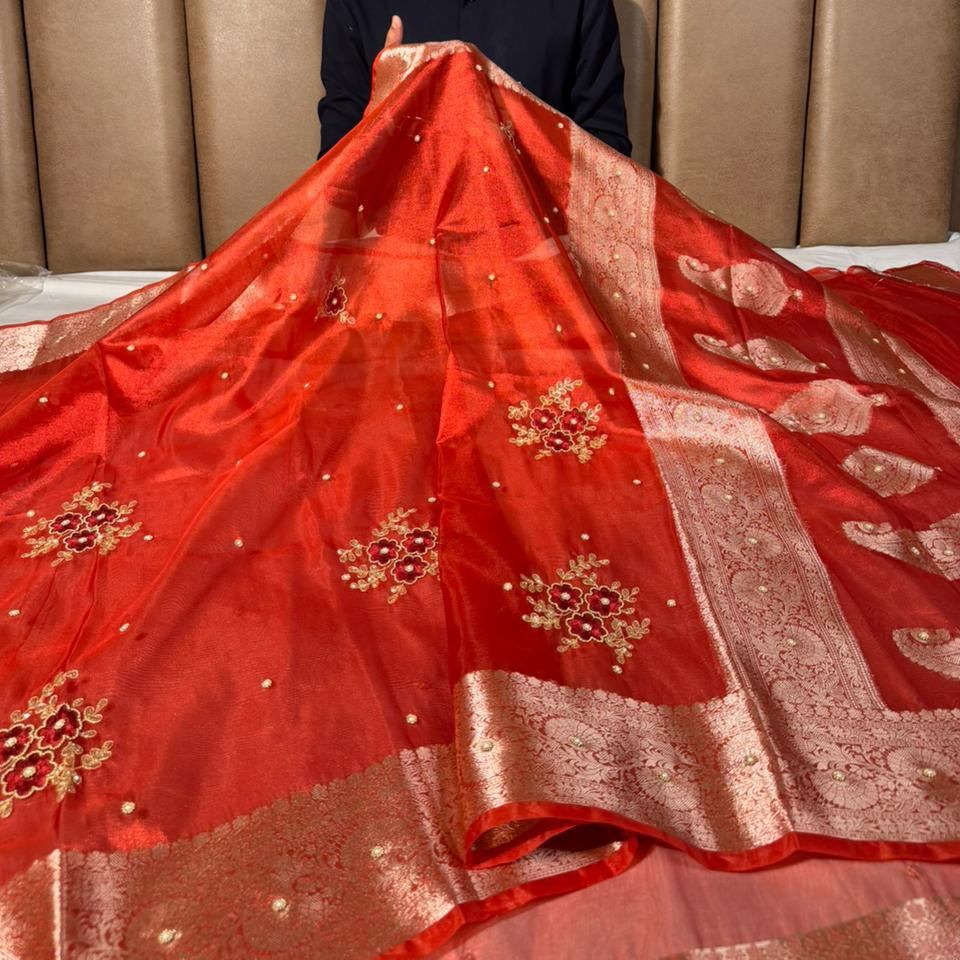 Metallic Red Kora Tissue Silk Premium Handwork Saree