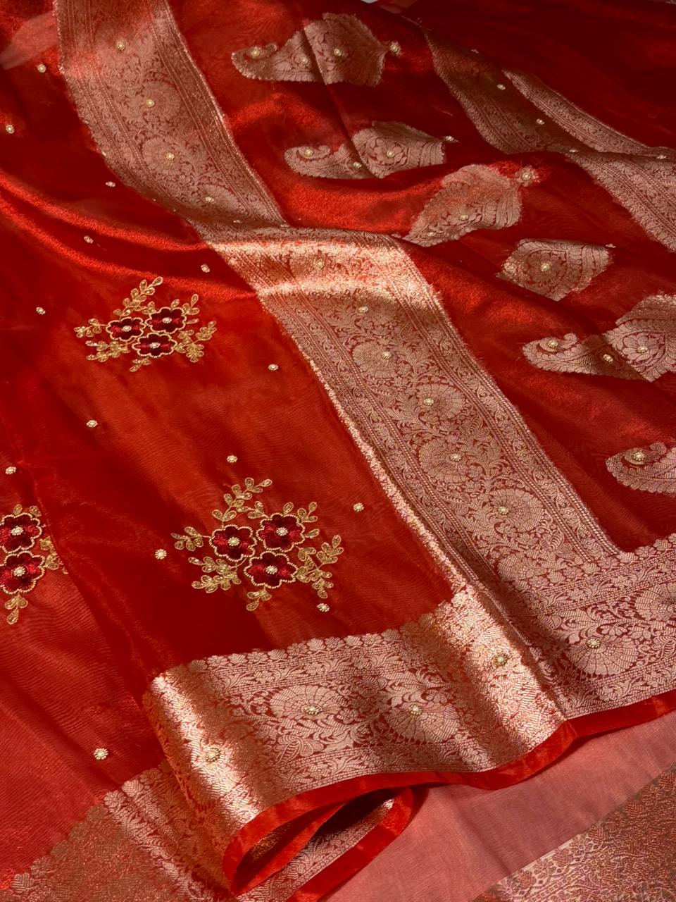 Metallic Red Kora Tissue Silk Premium Handwork Saree