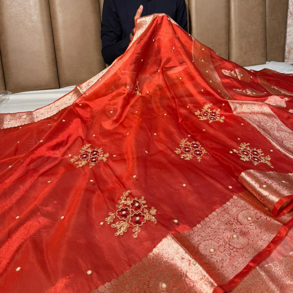 Metallic Red Kora Tissue Silk Premium Handwork Saree