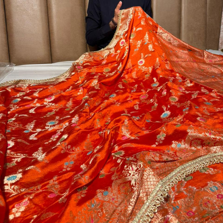 Bright Orange Premium Dipping Silk Lace Work Saree