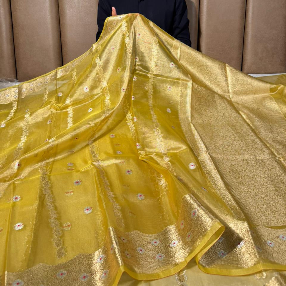 Lemon Yellow Contemporary Kora Tissue Silk Banarasi Saree 