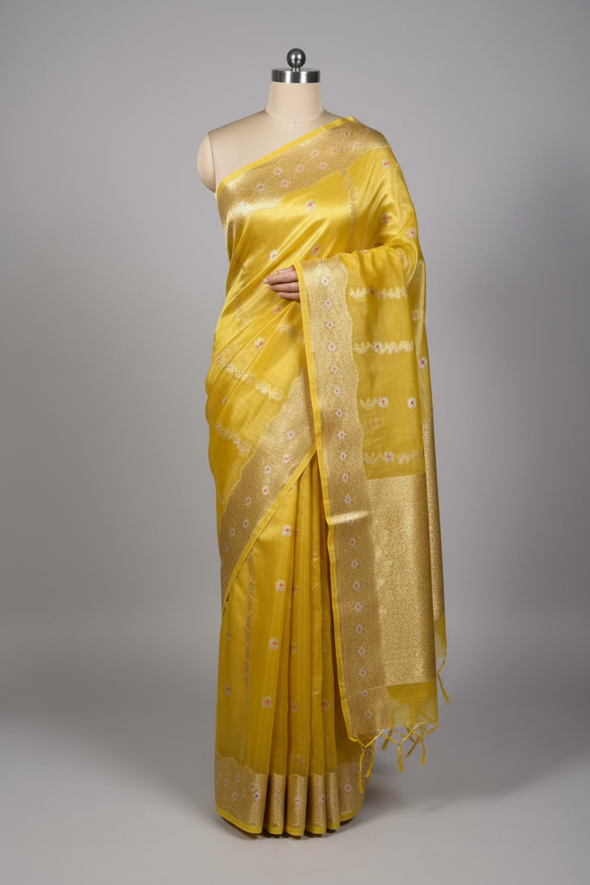 Lemon Yellow Contemporary Kora Tissue Silk Banarasi Saree