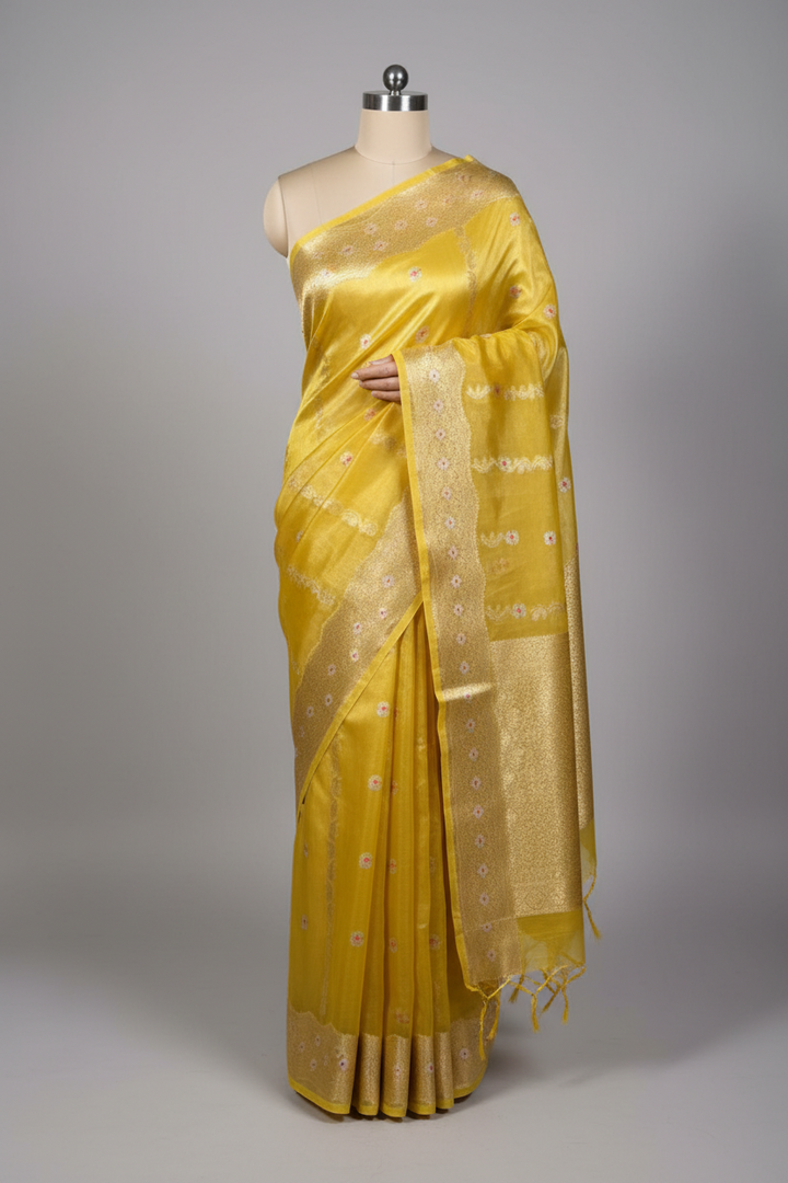 Lemon Yellow Contemporary Kora Tissue Silk Banarasi Saree