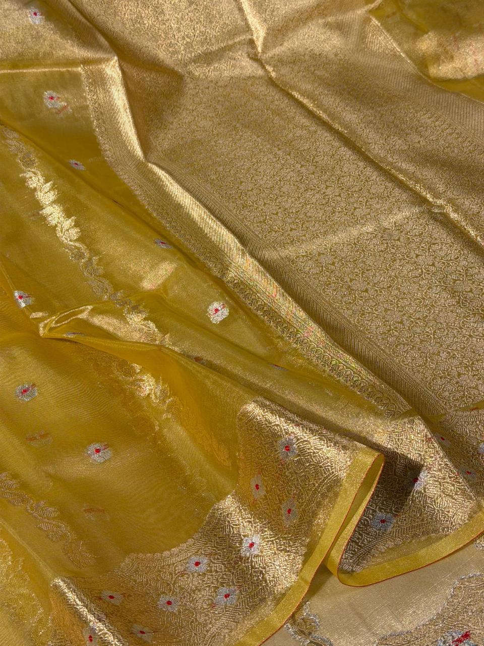 Lemon Yellow Contemporary Kora Tissue Silk Banarasi Saree 