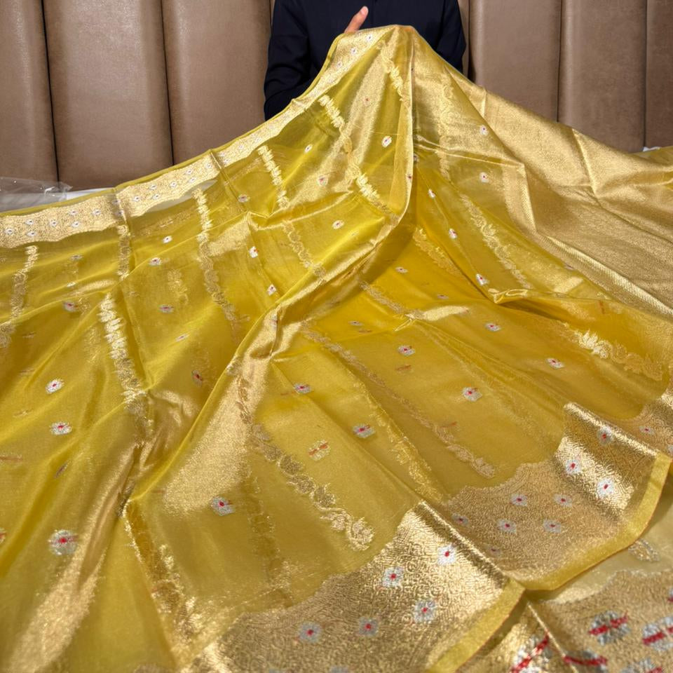 Lemon Yellow Contemporary Kora Tissue Silk Banarasi Saree 
