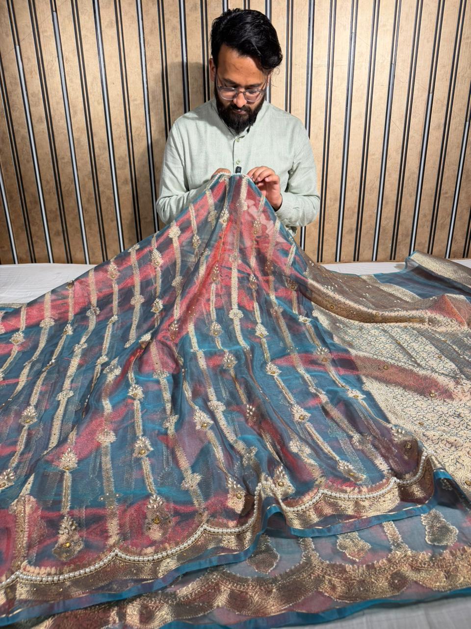 German Blue Scallop Tissue Silk Handwork Banarasi Saree