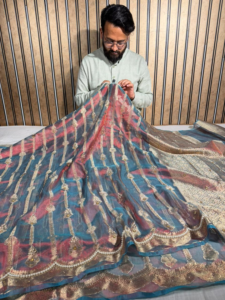 German Blue Scallop Tissue Silk Handwork Banarasi Saree