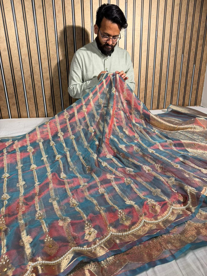 German Blue Scallop Tissue Silk Handwork Banarasi Saree