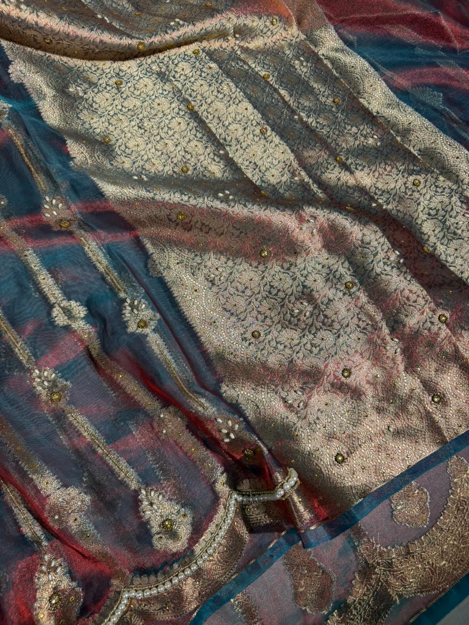 German Blue Scallop Tissue Silk Handwork Banarasi Saree