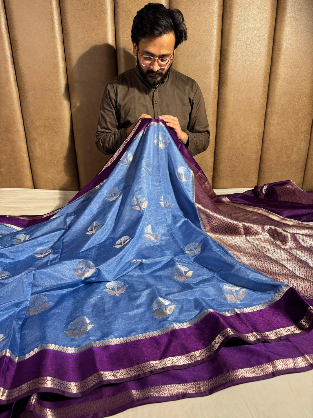 German Blue Shade Premium Chiniya Silk with Contrast Magenta Border