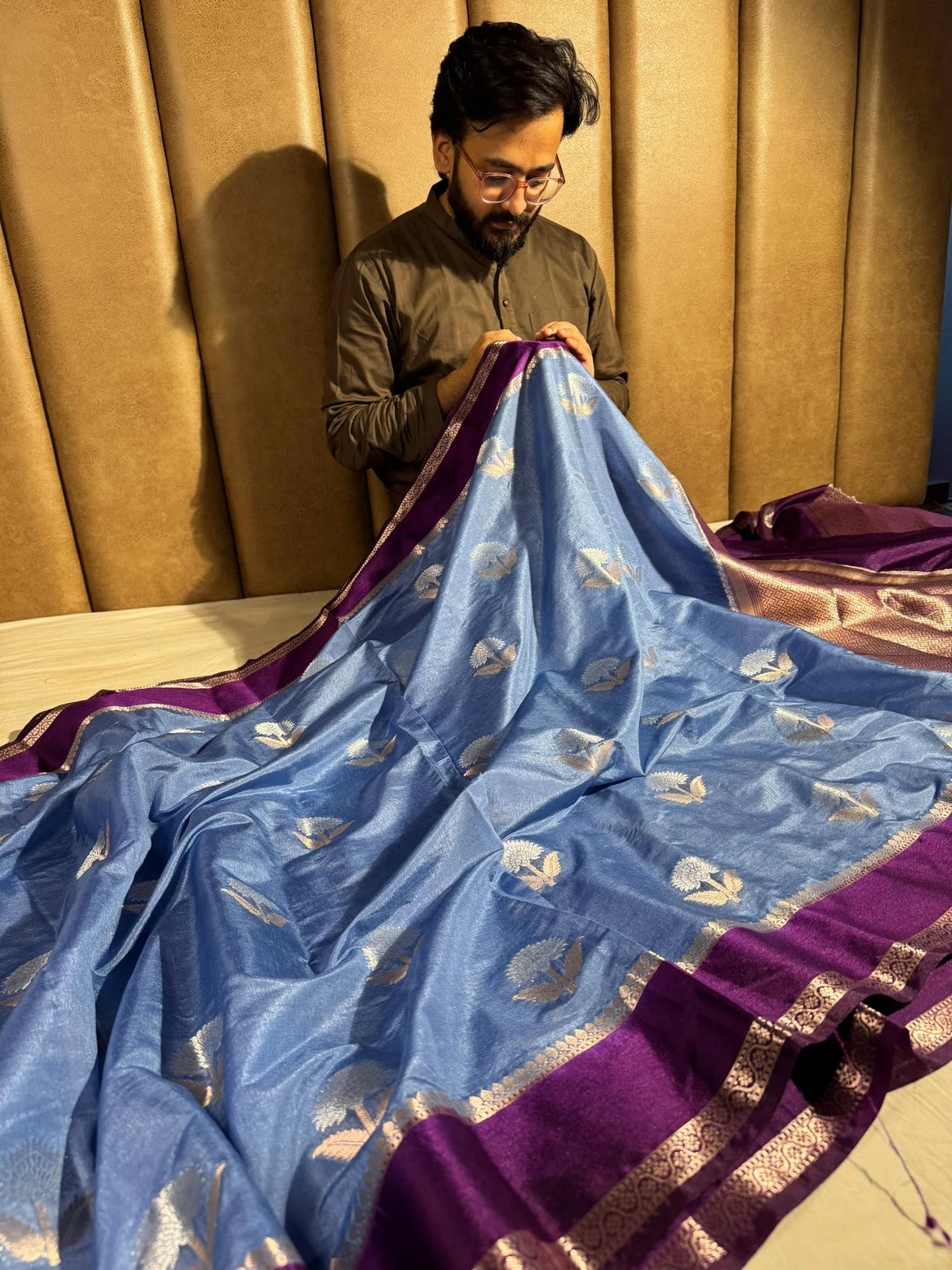 German Blue Shade Premium Chiniya Silk with Contrast Magenta Border