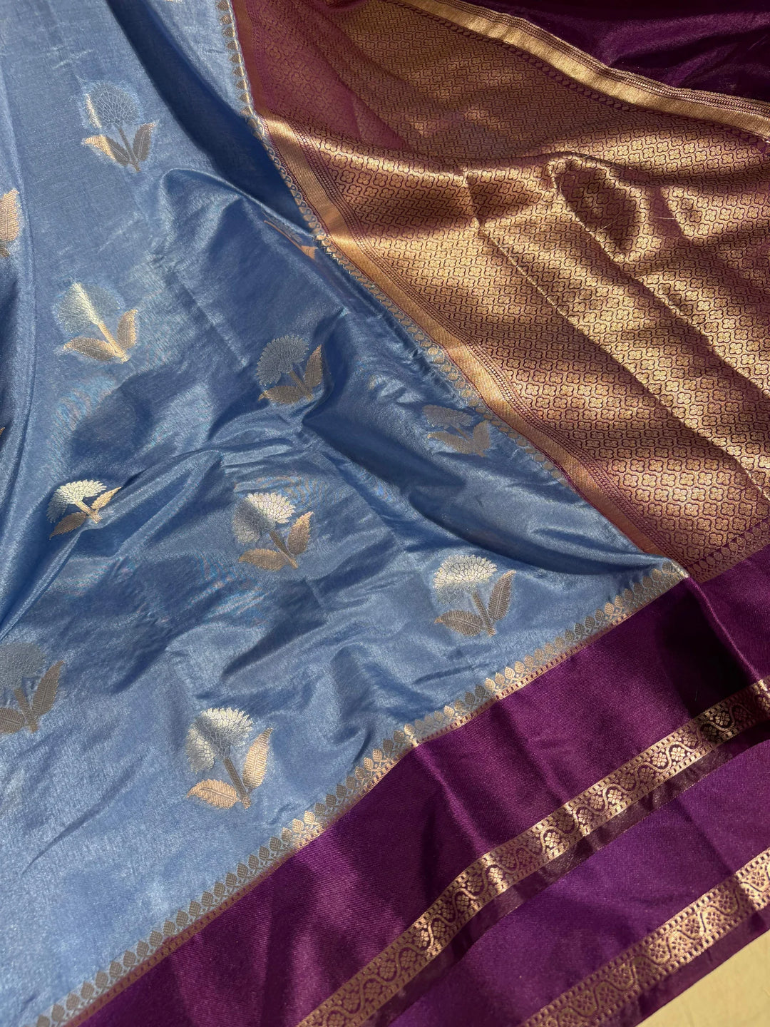 German Blue Shade Premium Chiniya Silk with Contrast Magenta Border