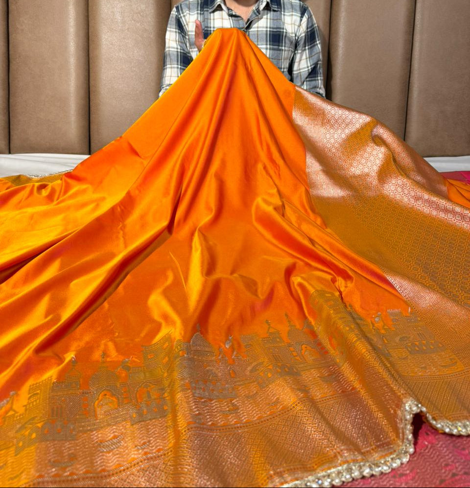 Ghats Of Banaras Orange Mashru Katan Silk Saree