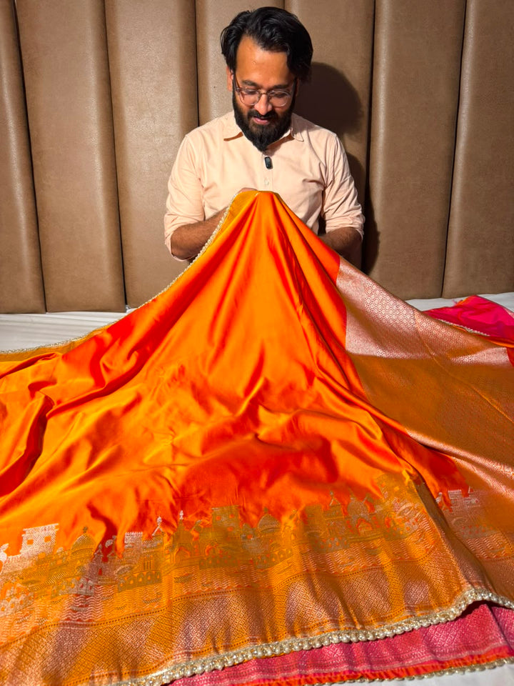 Ghats Of Banaras Orange Mashru Katan Silk Saree