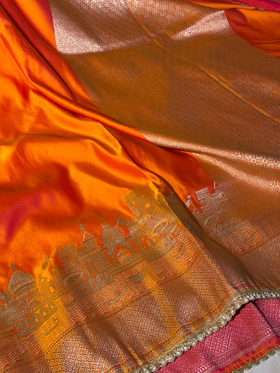 Ghats Of Banaras Orange Mashru Katan Silk Saree