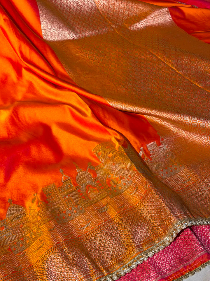 Ghats Of Banaras Orange Mashru Katan Silk Saree