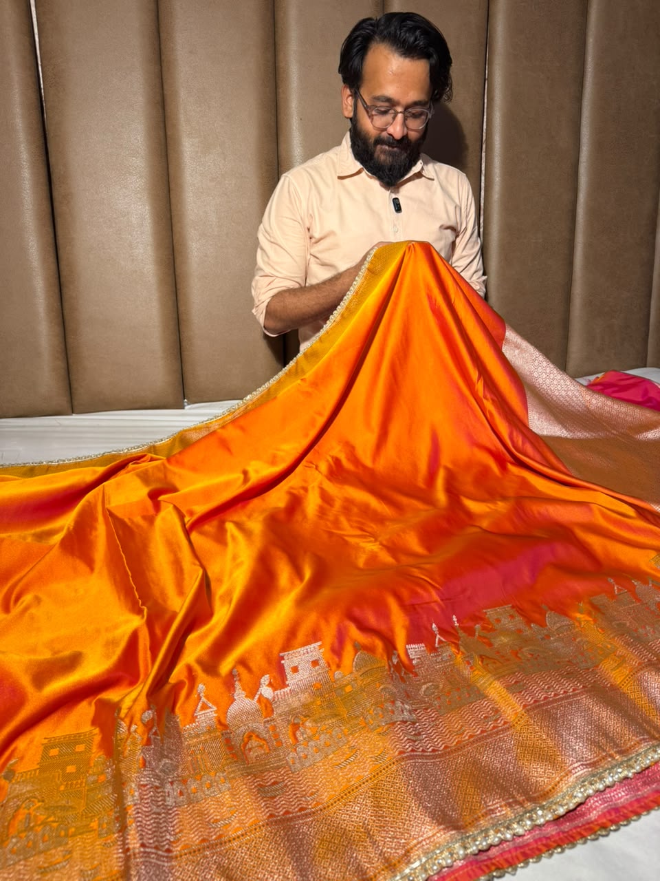 Ghats Of Banaras Orange Mashru Katan Silk Saree