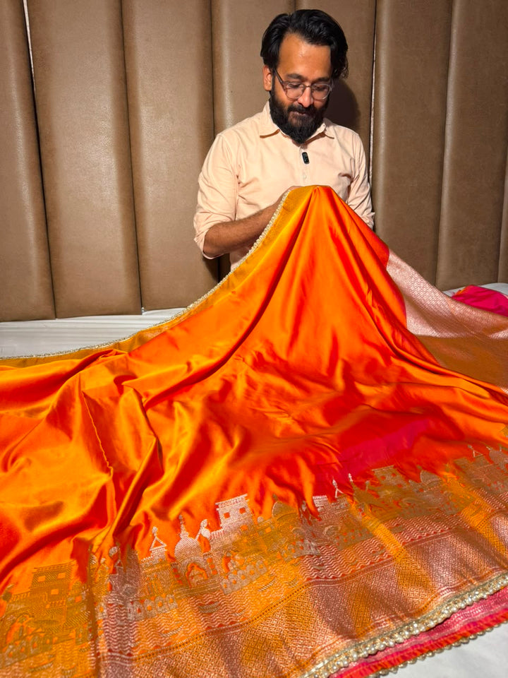 Ghats Of Banaras Orange Mashru Katan Silk Saree