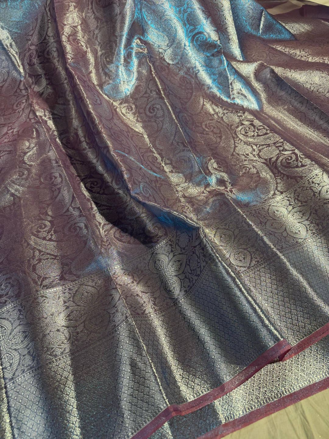 Glass Tissue Copper Blue Colour Saree with Rich Pallu & Blouse