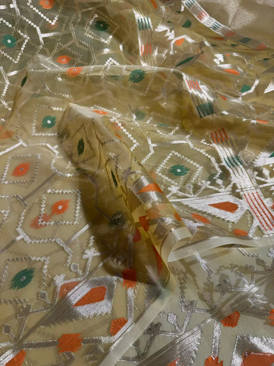 Gold Jamdani Organza Silk Saree with Exclusively Rich Pallu and Blouse