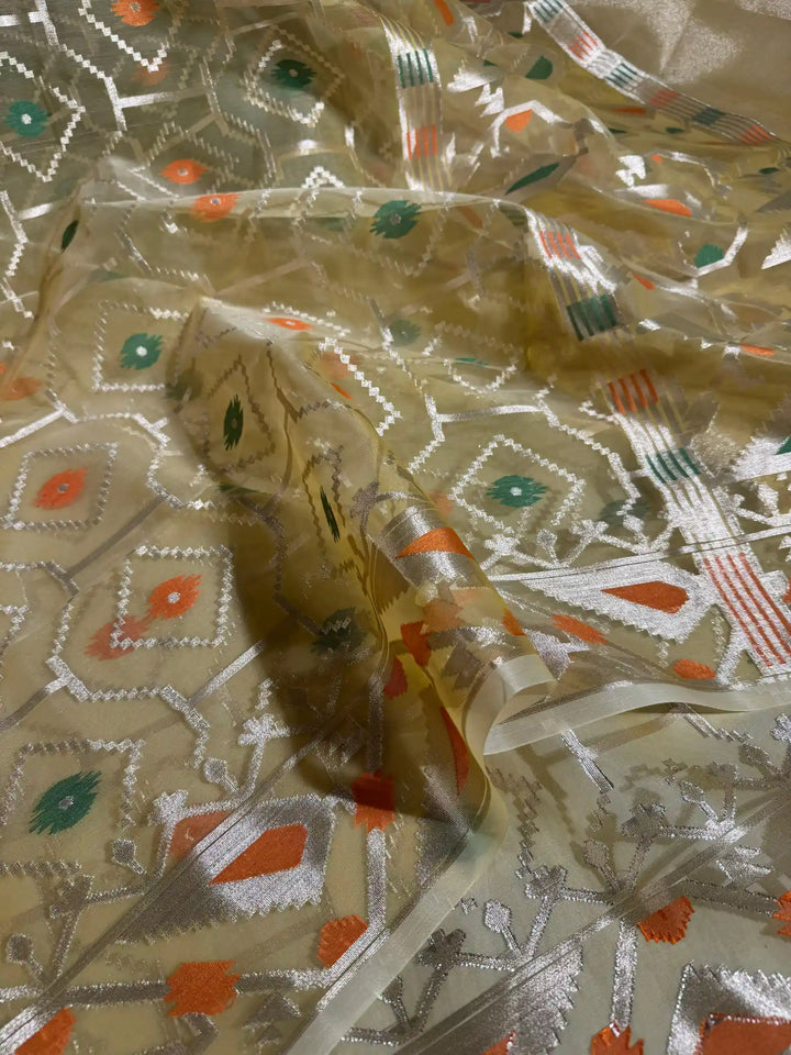 Gold Jamdani Organza Silk Saree with Exclusively Rich Pallu and Blouse