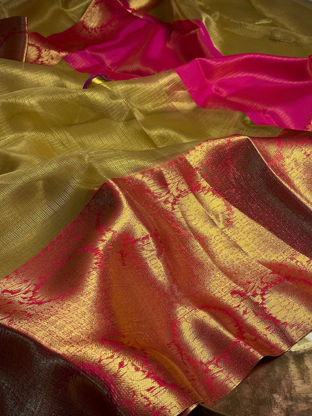 Gold Kota Tissue Checks Weave Banarasi Saree