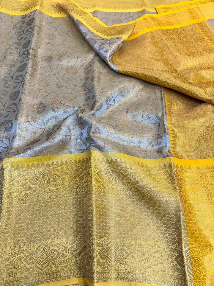 Golden Yellow Katan Tissue Silk Floral Jaal Banarasi Saree